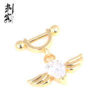 Anneau de téton en acier inoxydable 316L plaqué or avec motif aile d'ange en CZ pour mariage, fiançailles, fête, cadeau - Tendance