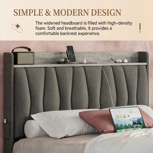 <span class=keywords><strong>Lit</strong></span> plateforme moderne Queen avec cadre rembourré et rangement, 3 tiroirs, station de charge intégrée et tête de <span class=keywords><strong>lit</strong></span> LED, en velours gris - Product Image 4