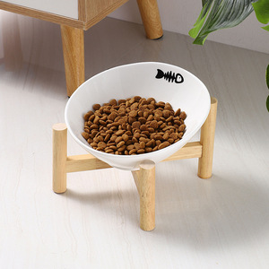 Bol en céramique pour chat avec support en bois, plat surélevé pour l'alimentation des chats et des petits chiens, bol unique pour nourriture et eau pour animaux de compagnie - Product Image 1