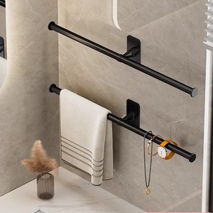 Black Aluminum Single Towel Rack Wall Mounted No Drill Self Adhesive Bathroom Toilet Tissue Holder Modern Minimalist - Product Image 3
