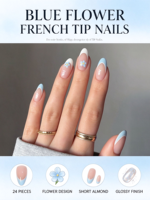 Faux ongles en acrylique à bout français motif fleur bleue, nude, forme amande, design petite marguerite, 24 pièces, collection printemps