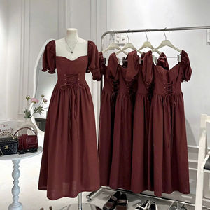 Vestido Midi de Línea A con Mangas Abullonadas y Cordones de Encaje Tejido Natural, Vestido Elegante para Fiesta, Servicio OEM - Product Image 1