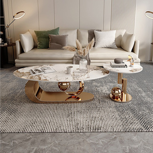 Juego de Mesa de Centro de Piedra Sinterizada de Mármol Moderno de Lujo de 2 Piezas con Marco de Acero Inoxidable Dorado, Muebles de Sala de Estar de Lujo Ligero - Product Image 5