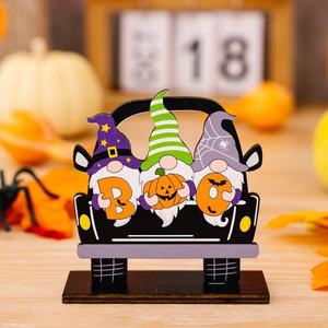 Halloween Decorations <strong>Wooden</strong> Car Figurine Tiny <strong>Pumpkin</strong> BOO Desktop Decor Ghost Display Stand - Product Image 3