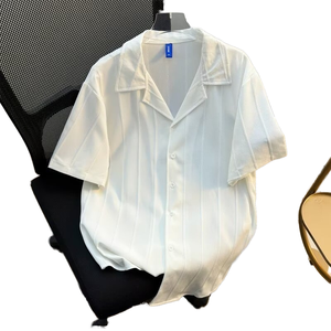 Camisa Casual Vintage para Hombre 2025, Cuello en V, Sin Plancha, Rayas Verticales, Tejido Texturizado de Seda/Algodón, Transpirable, Manga Corta Holgada - Product Image 1