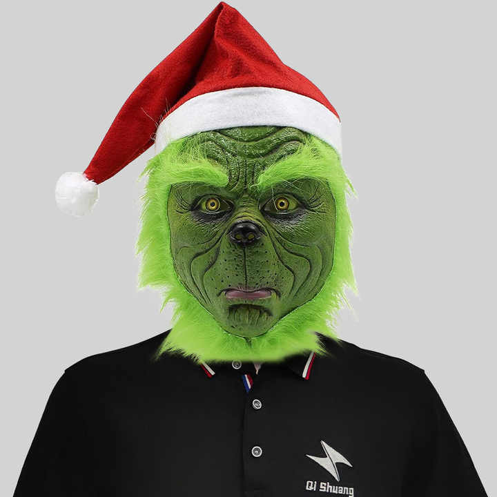 Green Furry Monster Grinch Masquerade Latex Headgear Gloves Funny ...
