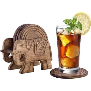 Elephant Coasters Wooden for Drinks, Eco-Friendly, Absorbent, Antique Look Handcrafted Coasters