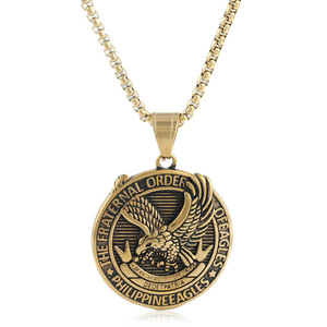 Collier pendentif Aigles des Philippines de l'Ordre Fraternel des Aigles, chaîne ronde en acier inoxydable doré 3,0*60 cm - Product Image 1