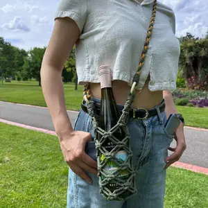 Boho Cotton Custom Handmade Tumbler Carrier Adjustable Strap Macrame Wine Water Bottle Holder