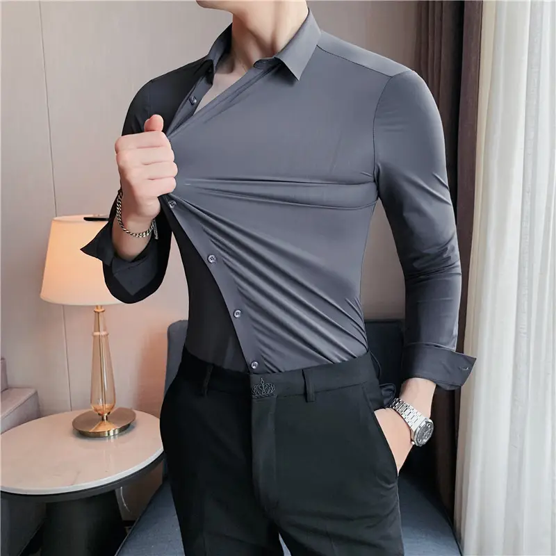 British Style Long Sleeve Shirt Men Clothing Fashion 2023 Spring Business Formal Wear Slim Fit