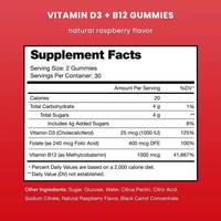Gummies de Vitamine D3 et B12 1000 UI D3 1000mcg B12 avec Folate 400mcg DFE, Saveur Framboise Naturelle, Complément Alimentaire 60 Unités