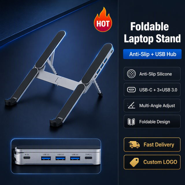 Laptop Stand Bulk Order, Aluminum Foldable Portable Riser USB 3.0 Hub, Adjustable Height, Custom Logo for All Laptops