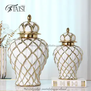 J286 weiße und goldene keramische blumenvase luxus-dekor tischplatte ornament gitter-design vasen für hochzeitsdekoration