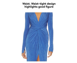 Vestido plisado azul para mujer, nuevo diseño 2026, corte ajustado, abertura frontal, largo hasta la pantorrilla, vestido largo - Product Image 6