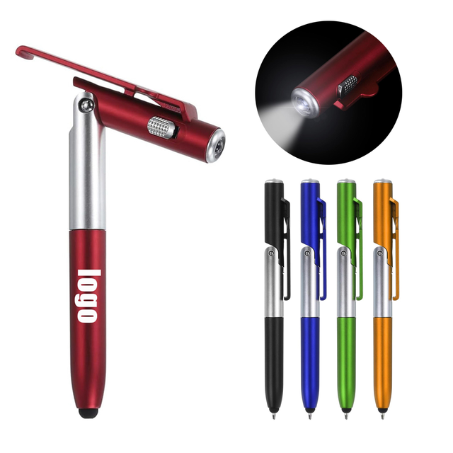 Custom Logo 4-in-1 Multifunctional Tech Tool Pen with LED Light Foldable Phone Holder Pen Capacitive Stylus Ballpoint Pen