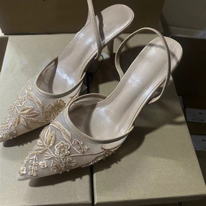 Women's Heeled <b>Sandals</b> for Autumn New Arrivals - White Embroidered Mesh, Slim Heel, Pointed Toe Sexy Ladies Heels - Product Image 4