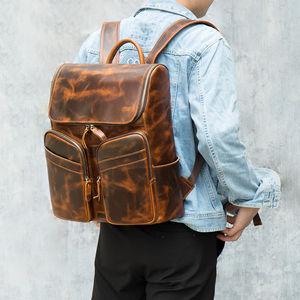Custom Vintage Crazy Horse Genuine <b>Leather</b> <b>Men's</b> School Laptop <b>Backpack</b> 15.6 Inch Waterproof 20-35L Capacity Daily Business Use - Product Image 6
