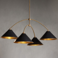 Lustre moderne à 4 lumières avec bras courbés |   Suspension LED en laiton noir et or avec abat-jour conique pour salle à manger