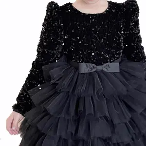 Wholesale Customization Long Sleeve Small Bow Soft Tulle Dresses For Kids Girls