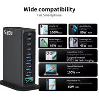 Station de charge USB multiport 520W GaN avec écran LCD Fonction SCP Adaptateur de chargeur 100W pour ordinateur portable Chargeur 4C + 4A Type C