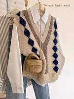 Gilet en tricot Argyle pour femme toutes saisons, col en V, sans manches, style preppy, gilet en jacquard, fabrication sur mesure OEM ODM, fournisseur d'usine en gros