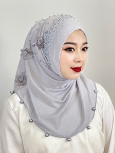 Malay <strong>Women's</strong> Elastic Solid Color Headscarf Cap Beaded Nailed Flower Shawl Cotton Ethnic Cap Winter Logo Available Cross-Border - Product Image 6