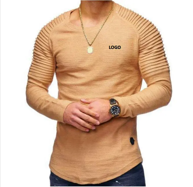 Custom design Solid Color Long Sleeve Round Neck Pullover Casual Striped T Shirt For Men