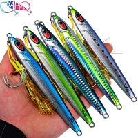 Nouvelle leurre de pêche phosphorescente en métal avec double hameçon assisté à plumes, pour la pêche au jigging de maquereau et de grouper, disponible en 30g, 40g, 60g, 80g, 100g, 120g, 150g