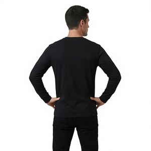 Men's <b>Black</b> Long Sleeve T-<b>Shirt</b> Regular Fit O-Neck Knitted Solid Color Casual Wear Basic <b>Tee</b> 100% Cotton UPF 50+ 220g - Product Image 1