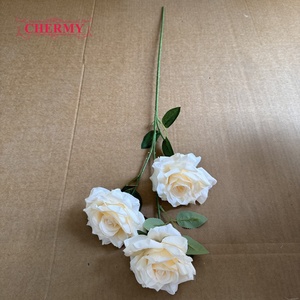 DC269 Vente en gros d'usine, fleur artificielle en soie de haute qualité, 3 têtes, rose champagne, arrangement floral pour décoration de mariage - Product Image 4