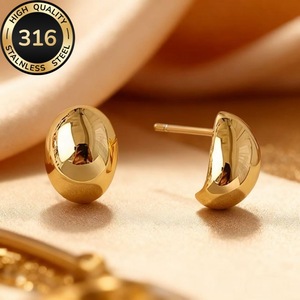 Nom du produit : Boucles d'oreilles en forme de haricot semi-rondes en acier inoxydable 316, boucles d'oreilles en forme de haricot hémisphériques lisses en forme d'arc, Matériel et - Product Image 4