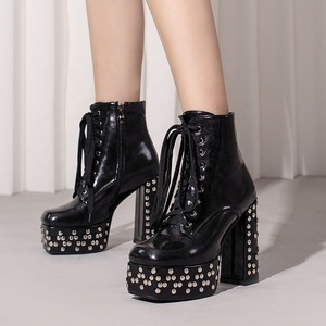 US Size 15 Large Size 48 for Big Feet Women's New Short <b>Boots</b> Lace up With Rivets Stud <b>Platform</b> Shoes Heels Chunky Booties - Product Image 3