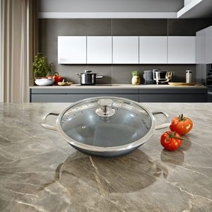 Sartén <span class=keywords><strong>Wok</strong></span> de acero inoxidable 304 a bajo <span class=keywords><strong>precio</strong></span>, fondo compuesto de revestimiento a base de agua para estufa de inducción y Gas con tapa de vidrio - Product Image 2