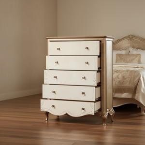 Commode à 5 tiroirs finition champagne antique, meuble de chambre à coucher au design élégant, en bois, à poser au sol - Product Image 2