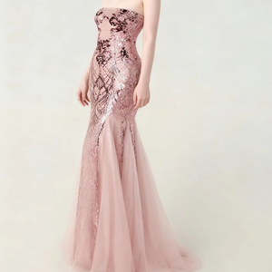 ストラップレススパンコールチュールエレガントでおしゃれなイブニングドレス宴会やパーティー - Product Image 1