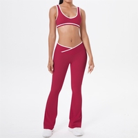 Setelan Yoga Wanita Model Celana Lebar Silang Warna Kontras, Bahan Bernapas, Tekstur Brushed Dua Sisi, Cocok untuk Olahraga Lari dan Fitness