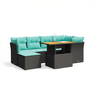 Ensemble de canapés de patio en polyrotin noir, 7 pièces, avec coussins, meubles d'extérieur, sièges de style contemporain, pour 7 personnes - Product Image 1