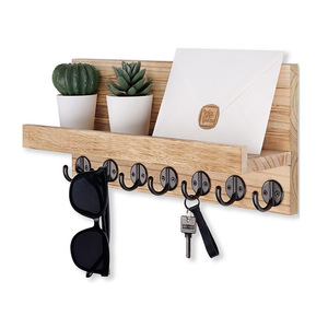 Wooden <b>Key</b> Holder <b>Wall</b> Mounted With Shelf 5 <b>Hooks</b> For <b>Keys</b> And Mail Storage Organizer Rectangle Shape - Product Image 4