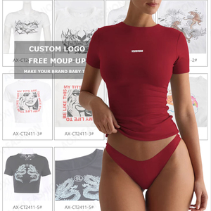 <span class=keywords><strong>T</strong></span>-<span class=keywords><strong>shirt</strong></span> court pour <span class=keywords><strong>femme</strong></span>, personnalisé avec logo OEM, style Baby Tee, en gros, avec strass en relief, uni, sexy, ajusté, fin et vierge - Product Image 1