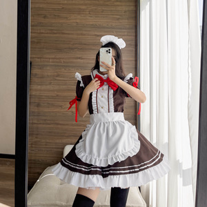 Maid Outfit Cosplay Costume Brown White Red Bow Apron Anime Role Play Game Dress Up Costume Women's Adult Size - Product Image 1
