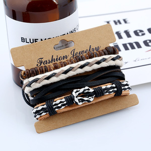 4Pcs/Set Vintage Boho Punk Leather Wrap Black White Leather <strong>Knot</strong> Charm Coconut Bead Multi Women Men Layers Bracelet <strong>Bangle</strong> - Product Image 2
