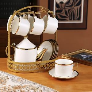 Juego de Té de Cerámica Chapado en Oro de Lujo, Taza de Café, Platillo, Tetera con Soporte Chapado en Oro, Duradero, Portátil, Opción de Logotipo Personalizado - Product Image 5