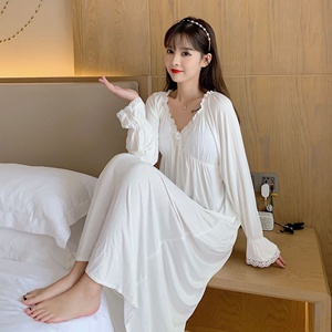 Recién llegado, Vestidos de Noche de Modal de algodón de manga larga Vintage, ropa de descanso con cuello en V y almohadillas, ropa de noche dulce de otoño para mujer - Product Image 1