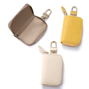WRIZA Porte-clés minimaliste en cuir, étui zippé, porte-monnaie portable, beige, jaune, crème, étui à clés de voiture en cuir véritable avec fermeture éclair - Product Image 1