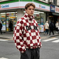 Veste en polaire sherpa à carreaux personnalisée pour homme, col montant, patch à grandes lettres, coupe oversize, zippée, style streetwear, manteau d'hiver Teddy