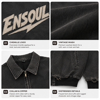 Blousons en jean vintage noir personnalisés pour hommes, avec patchs effilochés, appliques graphiques, ourlet côtelé vieilli, style streetwear, OEM, marque privée