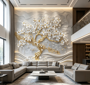 Murale 3D Personalizzato con Albero Dorato e Magnolia Bianca in Rilievo, Carta da Parati di Lusso per Villa, Hotel, Appartamento - Product Image 4