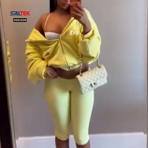 Ensembles de loungewear personnalisés pour femmes, ensemble décontracté deux pièces zippé, vêtements pour femmes, sweat à capuche court uni et leggings, tenue de sport printemps - Product Image 1