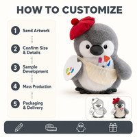 Pingouin en peluche artiste avec béret et palette de peinture, jouet en peluche gris doux, cadeau