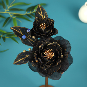 24 nouvelles pinces à cheveux en forme de pivoine noire foncée, ornées d'éléments dorés, de conception originale et fabriquées à la main, et accessoires de coiffure Hanfu - Product Image 4
